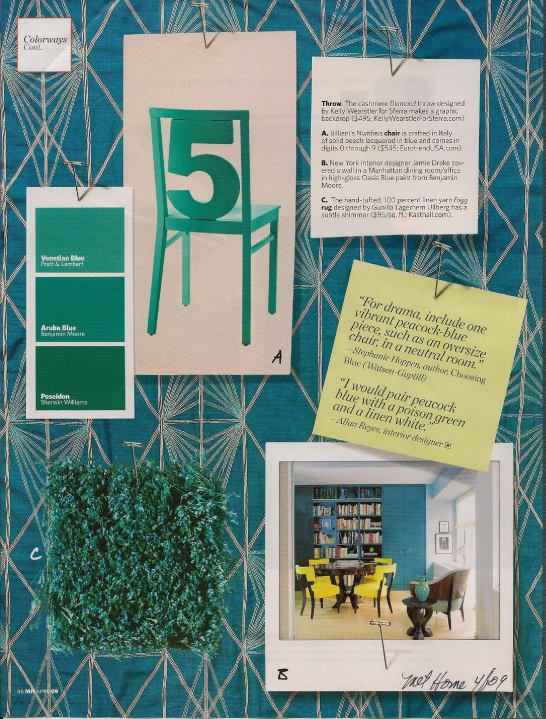 Peacock/Teal colors from Metropolitan Home, April 2009 issue