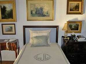 Linens from Leontine Linens used with faux linen Casart Coverings headboard on casartblog
