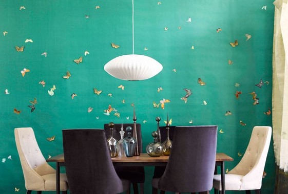 emerald-green-wallpaper-butterflies via home and decor, as seen on Slipcovers for your walls, casartblog