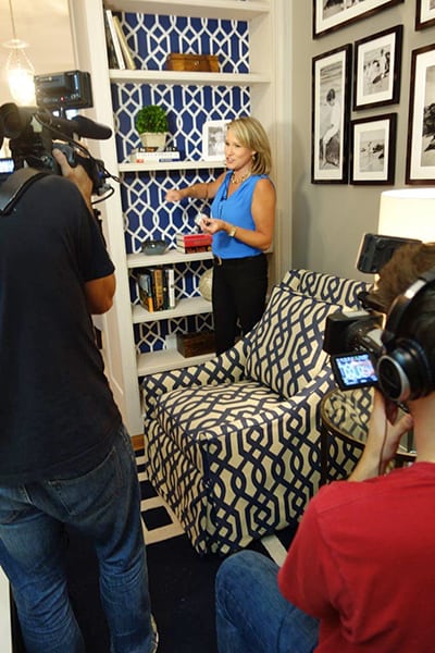 Libby Langdon Daykeover for House Beautiful using Casart wallcovering as a bookcase backing