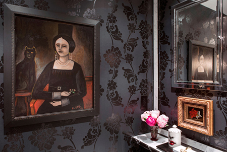 Casart covering, flowers, black and white, temporary wallpaper, vivi interiors, rachel dougan, flower power, bathroom,