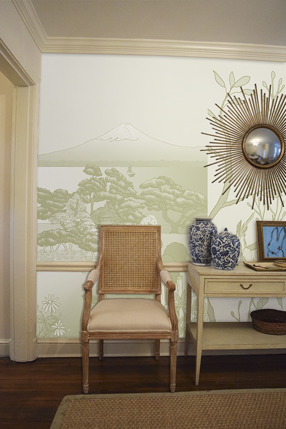 Casart coverings Japan Celadon and Chinoiserie Mural Panel 5 temporary wallpaper in a room view