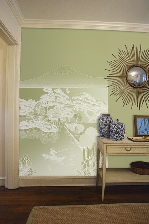 Casart coverings Japan Reverse Celadon Mural Panel temporary wallpaper on same colored wall room view