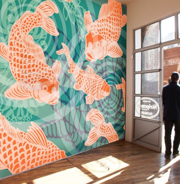 Koi fish Pond Mural installation POZdesigns_Casart Coverings removable wallpaper