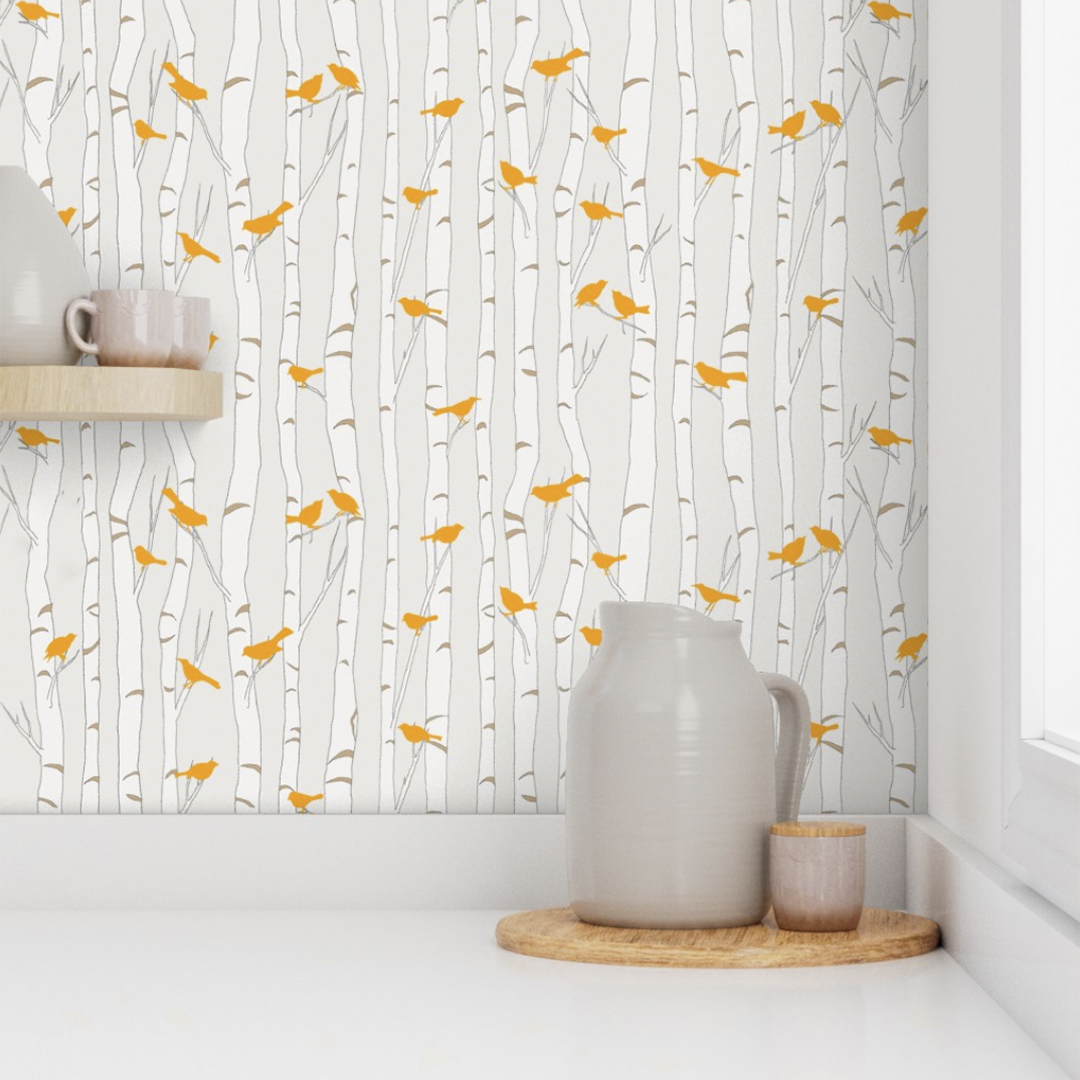 Casart Coverings Birds Birch Orange Beige Reusable Wallpaper in Kitchen_casartblog