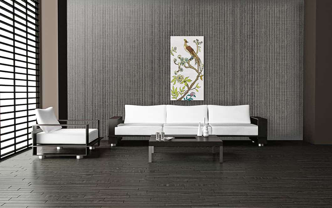 Faux Grasscloth Wallpaper in Living Room Photo via Casart Coverings on casartblog