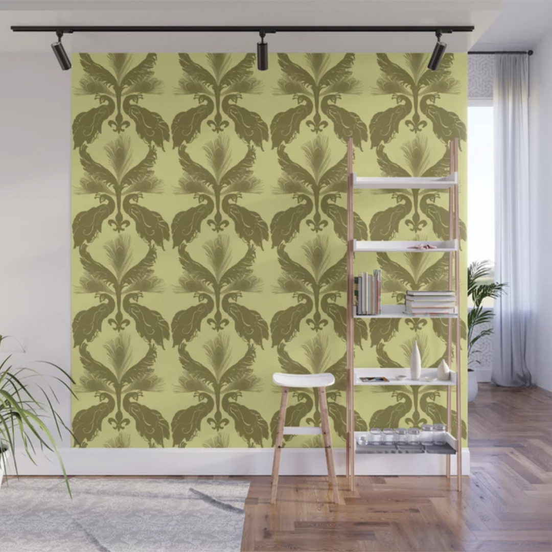 Casart Wall Mural Peacock Damask Curry Citron_S6
