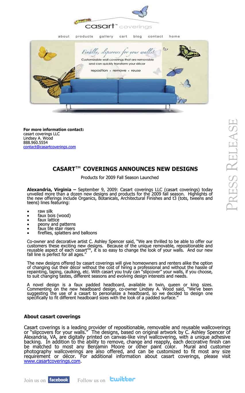 Casart Coverings Announces New Designs September 2009 Press Release