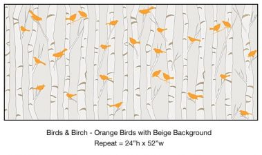 Casart_Orange Birds Birch Trees Beige Background Detail_7x