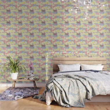 Casart Removable Wallpaper Room in Flower Power White Multi Pastel Pink Blue Yellow
