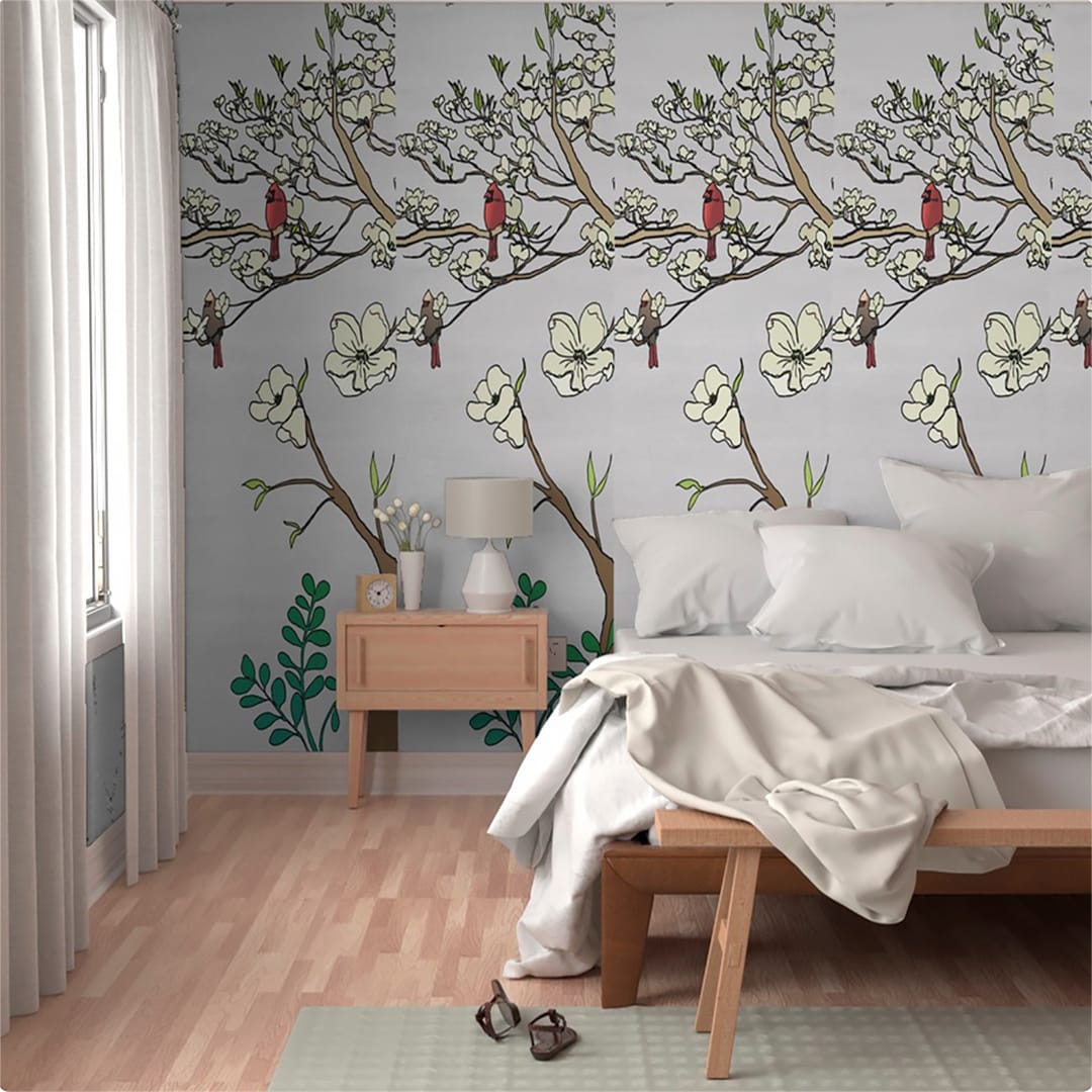 Casart Chinoiserie Panel 2a Colored Gray Raw Silk Wallpaper in Bedroom