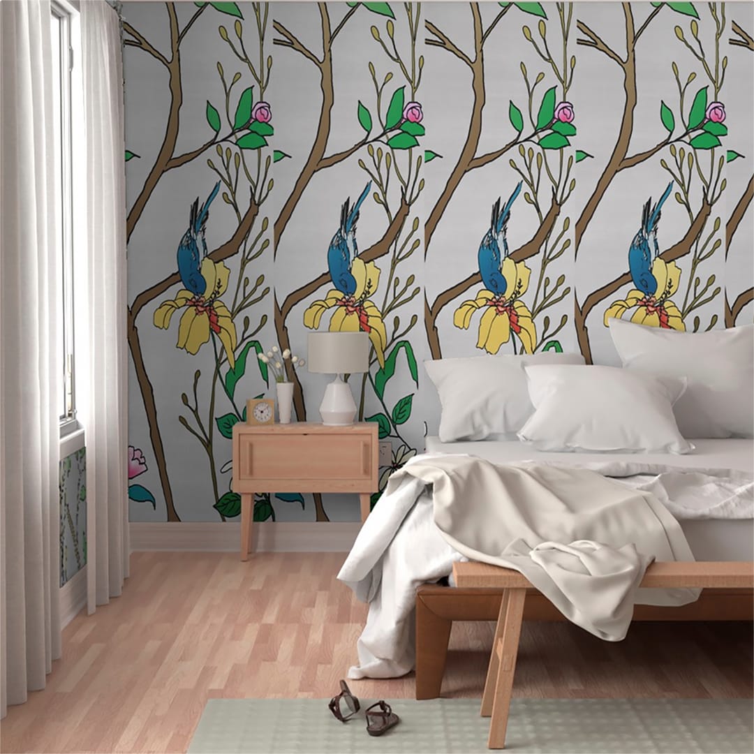 Casart Chinoiserie 5b Colored Gray Raw Silk Panel Wallpaper in Bedroom