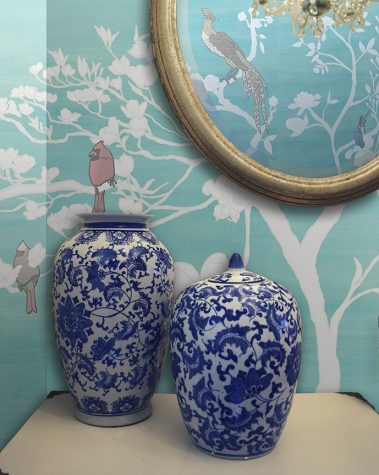 Casart Coverings Chinoiserie Mural Panels White-Teal Raw Silk Room View_removable wallpaper