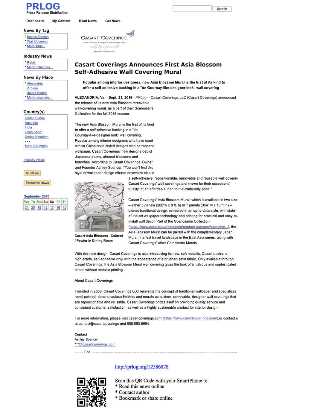 Casart Coverings Announces First Asia Blossom Self-Adhesive Wall Mural