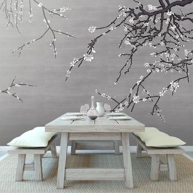 Casart Coverings white Asia Blossom Pewter raw silk temporary wallpaper