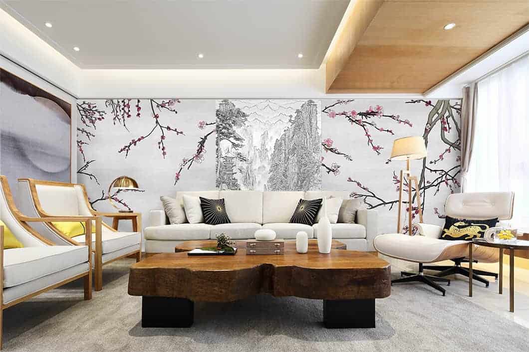 Casart Coverings China Etching Mural paired with Asia Blossom Silver Gray with colored blossoms removable wallpaper