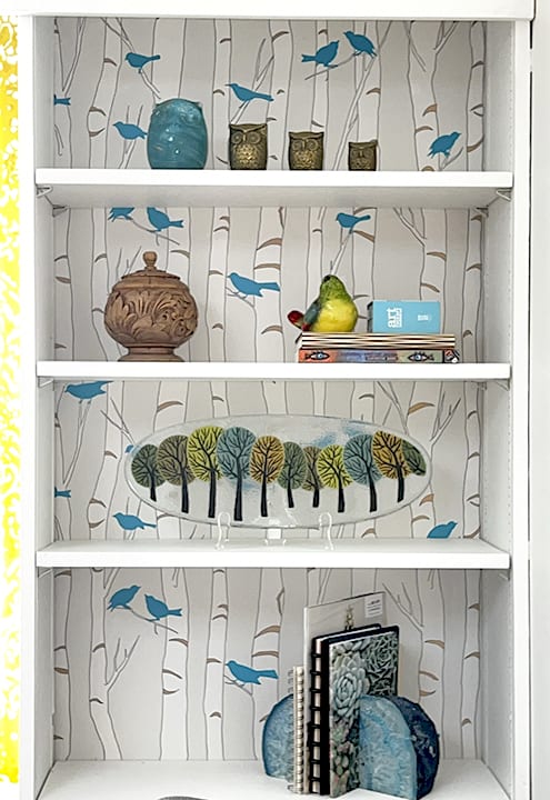 Casart Customer Art Studio Makeover Rt Side Bookcase After Custom Birds Birch reusable wallpaper